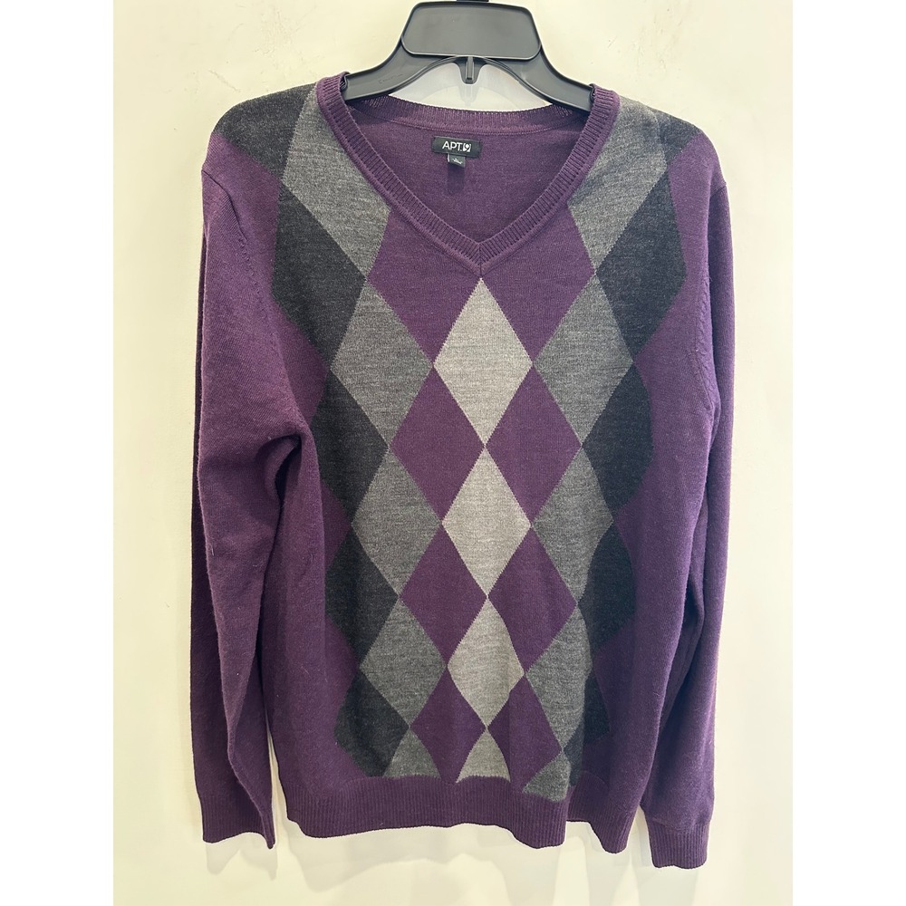 Apt 9 Womens Purple Argyle V-Neck Merino Wool Blend Sweater Large preppy classic
